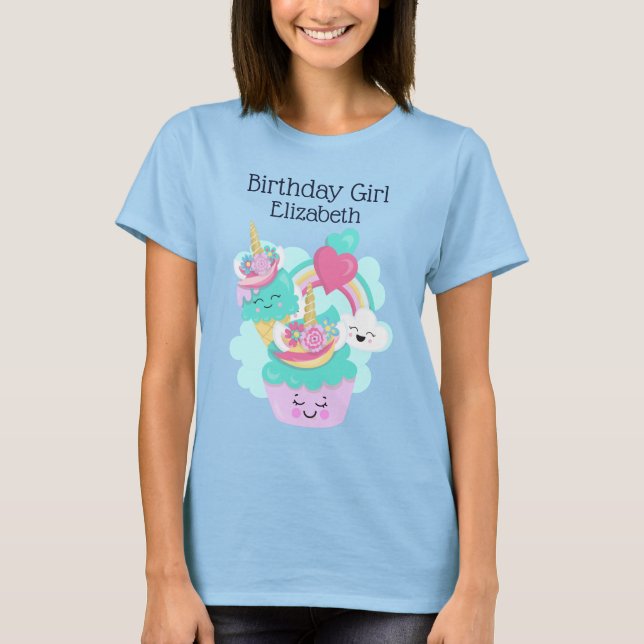 Cute Cupcake and Happy Ice Cream Birthday Girl T-Shirt (Front)