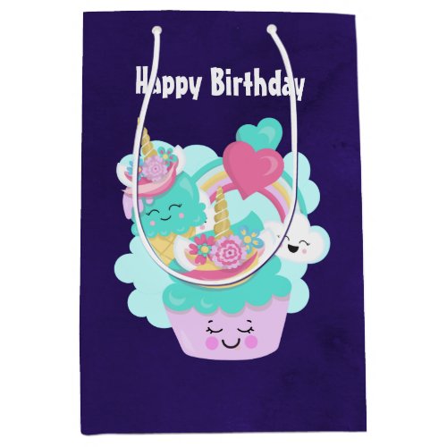 Cute Cupcake and Happy Ice Cream Birthday Medium Gift Bag