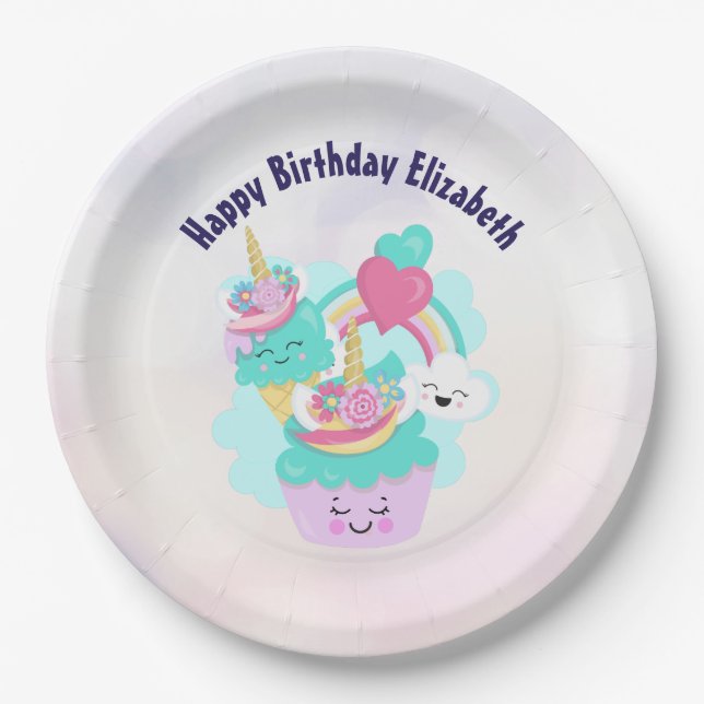 Cute Cupcake and Happy Ice Cream Birthday Paper Plates (Front)