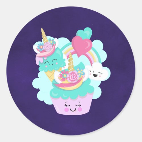 Cute Cupcake and Happy Ice Cream Classic Round Sticker