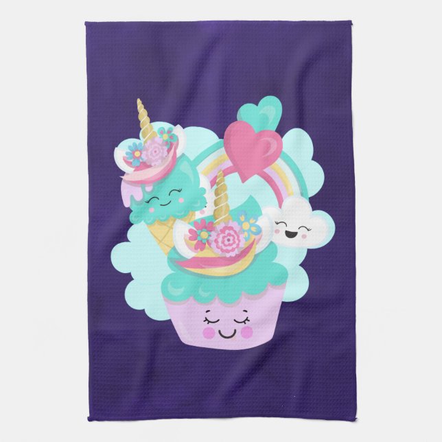 Cute Cupcake and Happy Ice Cream Kitchen Towel (Vertical)