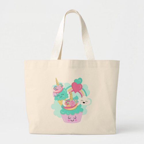 Cute Cupcake and Happy Ice Cream Large Tote Bag