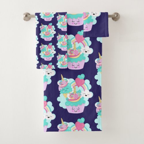 Cute Cupcake and Happy Ice Cream Pattern Bath Towel Set