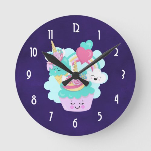 Cute Cupcake and Happy Ice Cream Round Clock