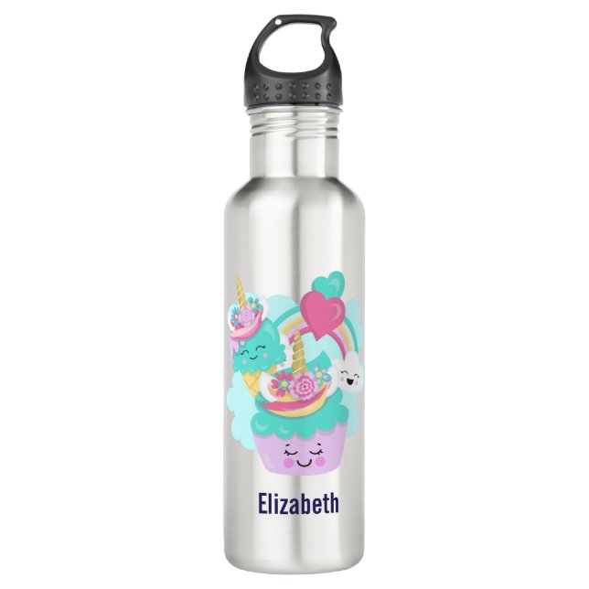 Cute Cupcake and Happy Ice Cream Stainless Steel Water Bottle (Front)