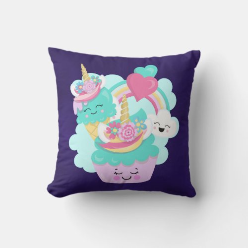 Cute Cupcake and Happy Ice Cream Throw Pillow