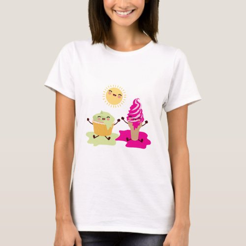 Cute Cupcake and Ice Cream Melting in the Sun T_Shirt