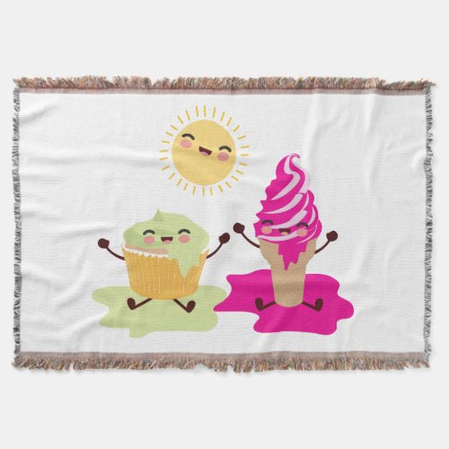 Cute Cupcake and Ice Cream Melting in the Sun Throw Blanket