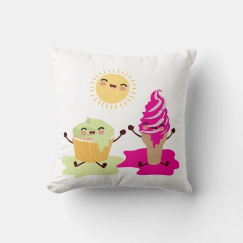Cute Cupcake and Ice Cream Melting in the Sun Throw Pillow
