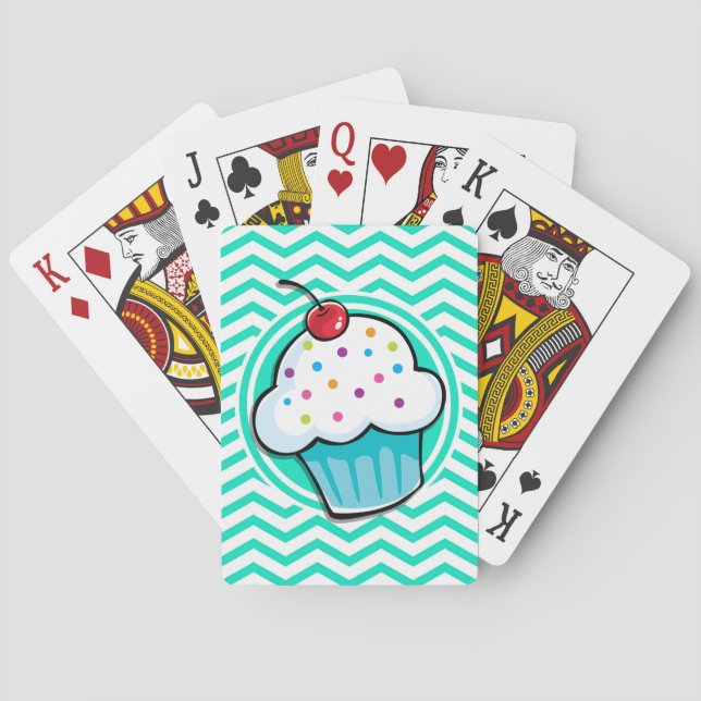 Cute Cupcake; Aqua Green Chevron Poker Cards (Back)