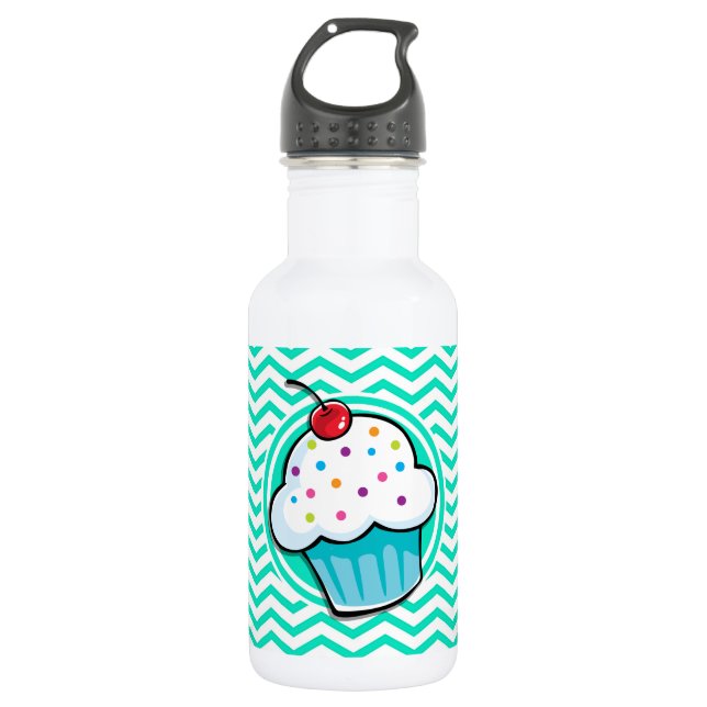 Cute Cupcake; Aqua Green Chevron Water Bottle (Front)