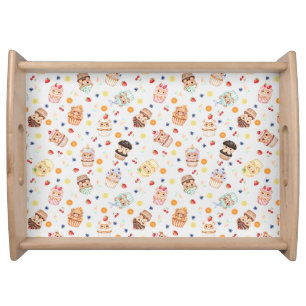 Cute Cupcake Bear and Treats Seamless Pattern Serving Tray