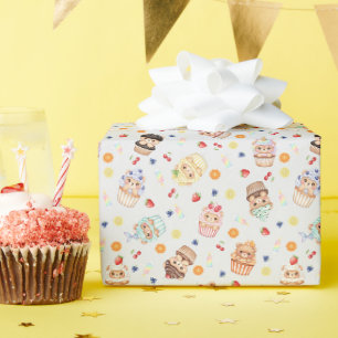 Cute Cupcake Bear and Treats Seamless Pattern Wrapping Paper