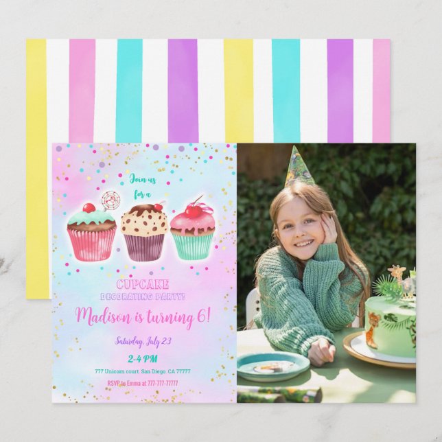 Cute Cupcake Birthday Photo Invitation (Front/Back)