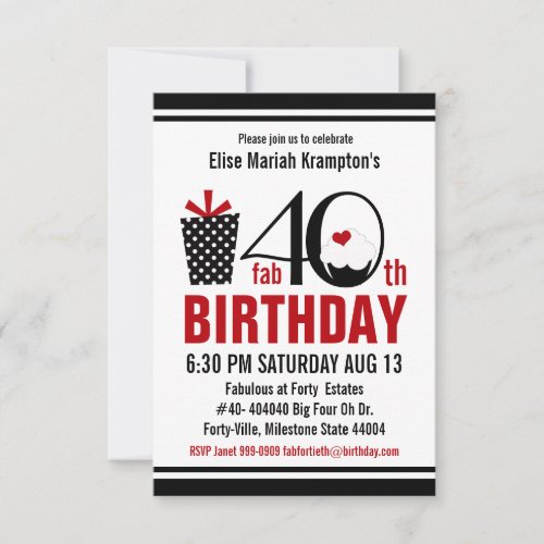 Cute Cupcake Black and Red 40th Birthday Custom Invitations