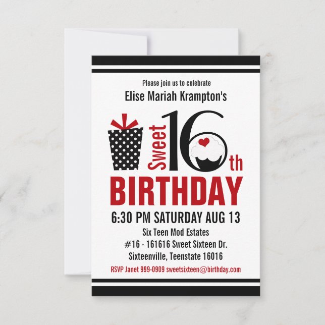 Cute Cupcake Black and Red Sweet 16 Birthday Invitation (Front)