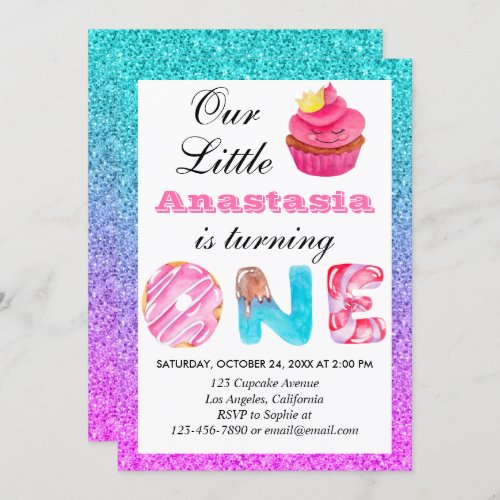 Cute Cupcake Blue Purple Glitter 1st Birthday One Invitation