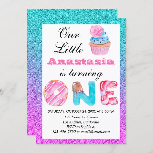 Cute Cupcake Blue Purple Glitter 1st Birthday One Invitation