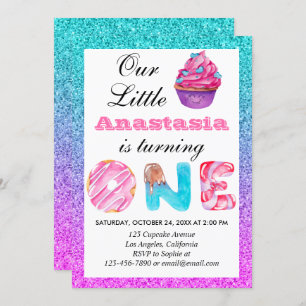 Cute Cupcake Blue Purple Glitter 1st Birthday One Invitation