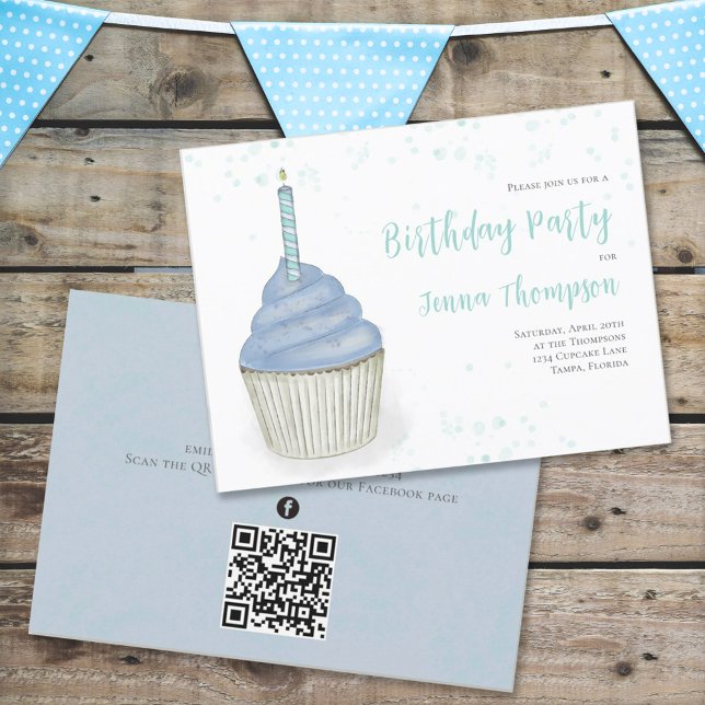 Cute Cupcake Blue QR Code Social Media Simple Invitation (Creator Uploaded)