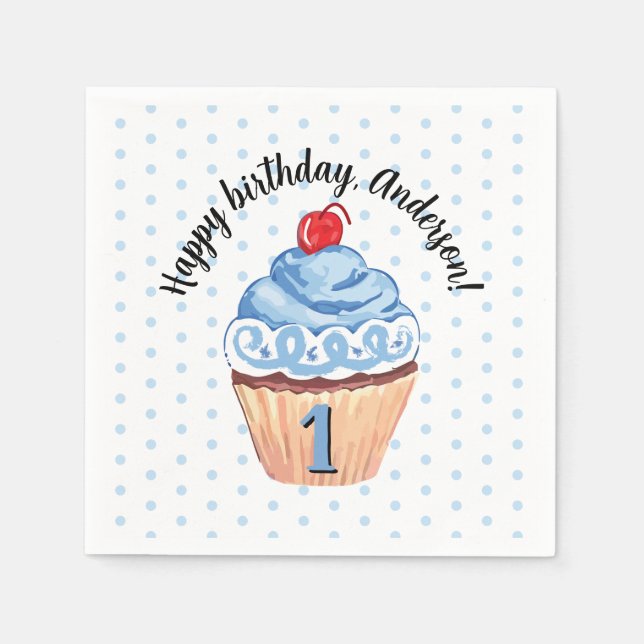Cute Cupcake Boy Blue Happy 1st Birthday Party Napkins (Front)