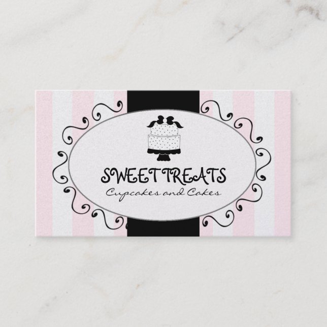 Cute Cupcake Cake Bakery Pink Black Stripes Business Card (Front)
