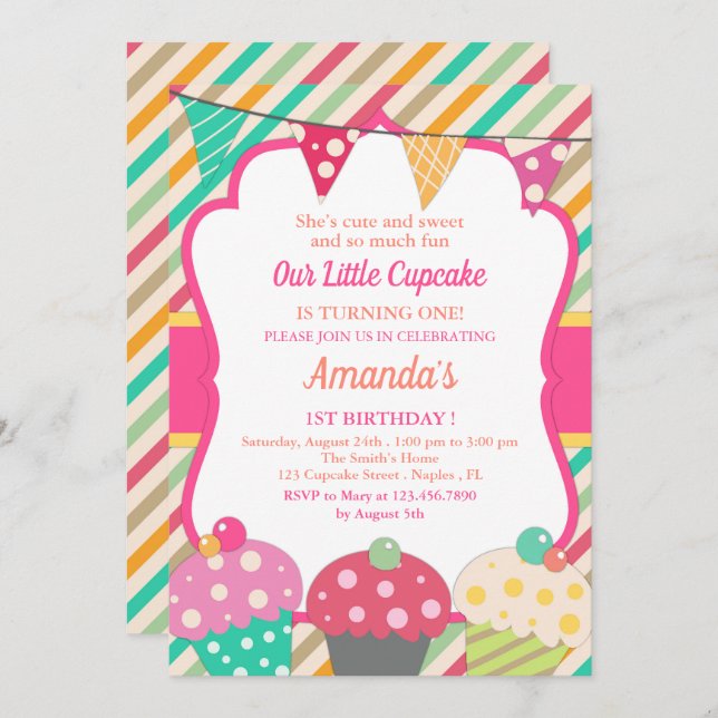 Cute Cupcake First Birthday Party Invitation (Front/Back)