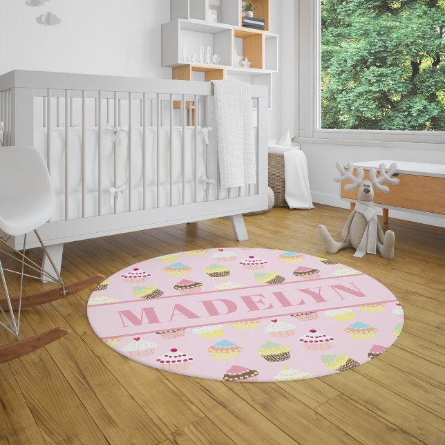Cute Cupcake Kids Pink Nursery Personalized Round Rug (Creator Uploaded)