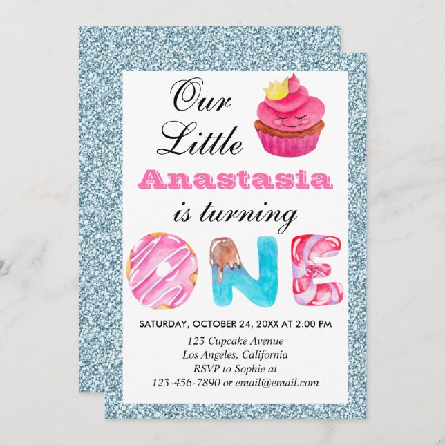 Cute Cupcake Light Blue Glitter 1st Birthday One Invitation (Front/Back)