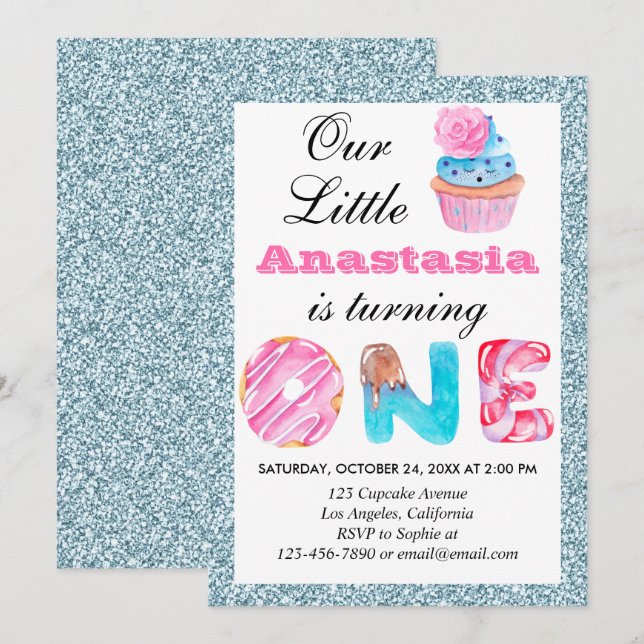 Cute Cupcake Light Blue Glitter 1st Birthday One Invitation (Front/Back)