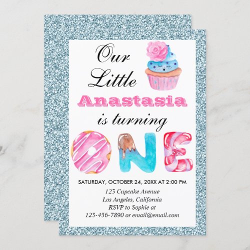 Cute Cupcake Light Blue Glitter 1st Birthday One Invitation