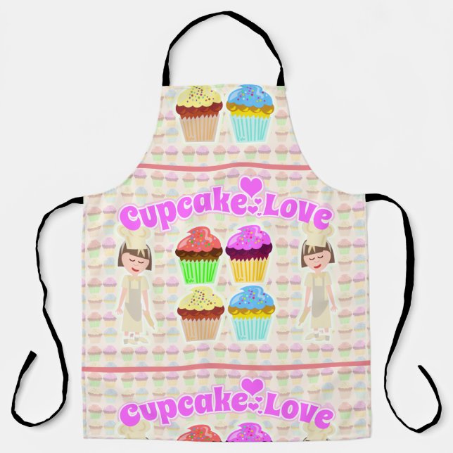 Cute Cupcake Love Chef Cartoon Art Fun Apron (Front)