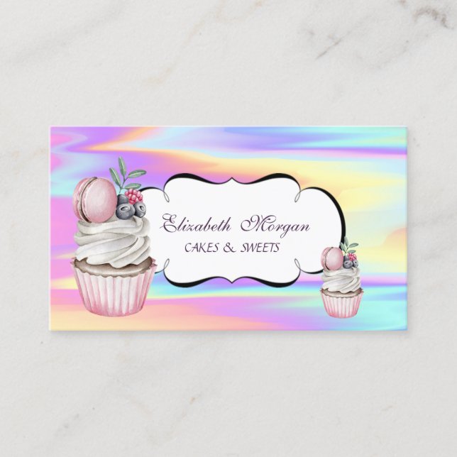 Cute Cupcake Macaron Bakery Colorful Holographic  Business Card (Front)