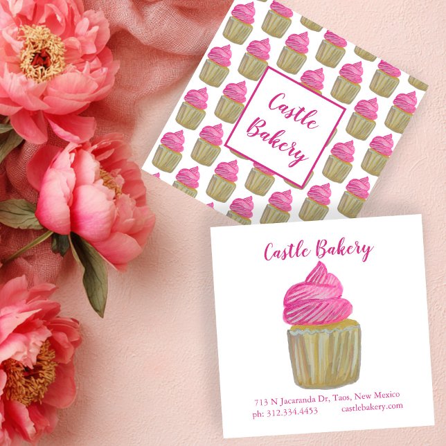 CUTE CUPCAKE Modern Bakery Pastry Chef Cake Pink Square Business Card (CUTE CUPCAKE Modern Bakery Pastry Chef Cake Pink Square Business Card
)