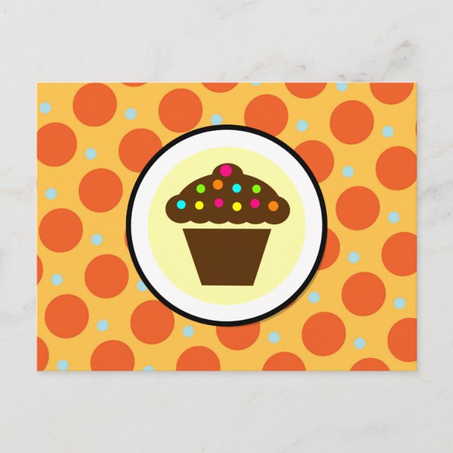 Cute Cupcake on Orange Blue Yellow Polka Dots Postcard (Front)