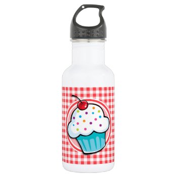 Cute Cupcake On Red And White Gingham Stainless Steel Water Bottle by doozydoodles at Zazzle