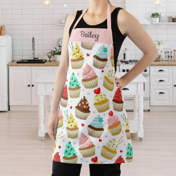 Cute Cupcake Pattern  Sweet Dessert  Custom Text Apron by colorfulgalshop at Zazzle