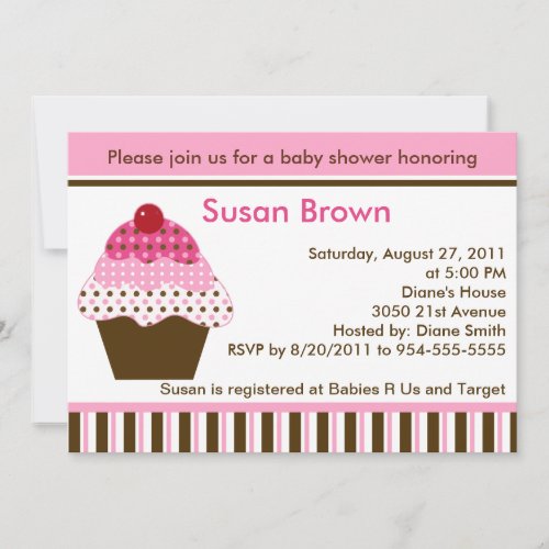 Cute Cupcake Pink &amp; Brown Baby Shower Invitation