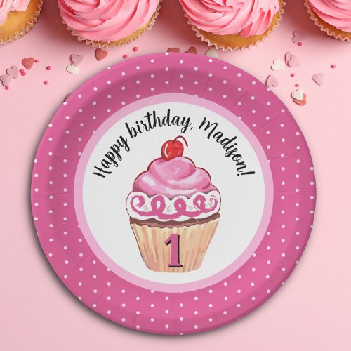 Cute Cupcake Pink Girl Happy 1st Birthday Paper Plates