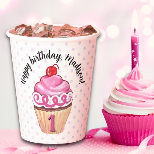 Cute Cupcake Pink Girl Happy 1st Birthday Pattern Paper Cups