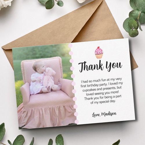 Cute Cupcake Pink Girly First Birthday Party Photo Thank You Card