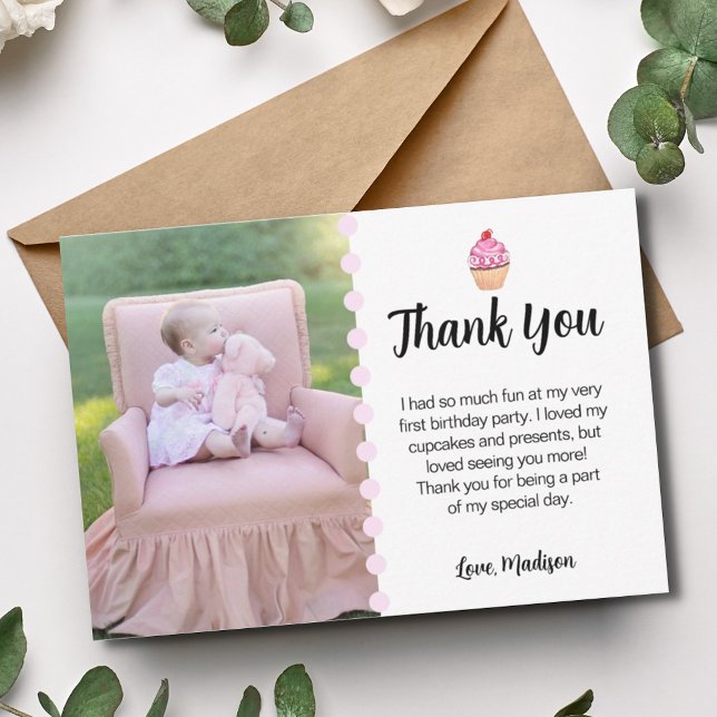 Cute Cupcake Pink Girly First Birthday Party Photo Thank You Card (Creator Uploaded)