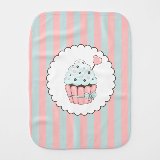 Cute Cupcake Pink & Mint Blue Design Baby Burp Cloth (Front)