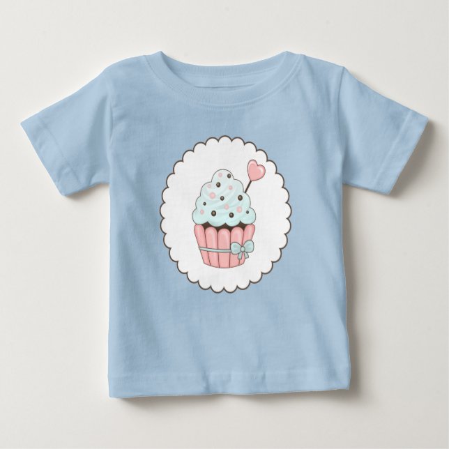 Cute Cupcake Pink & Mint Blue Design Baby T-Shirt (Front)