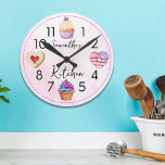 Cute Cupcake Pink Watercolor Personalized Kitchen Round Clock<br><div class="desc">Personalized kitchen wall clock with cute watercolor sweet treats-cupcakes and cookies.</div>