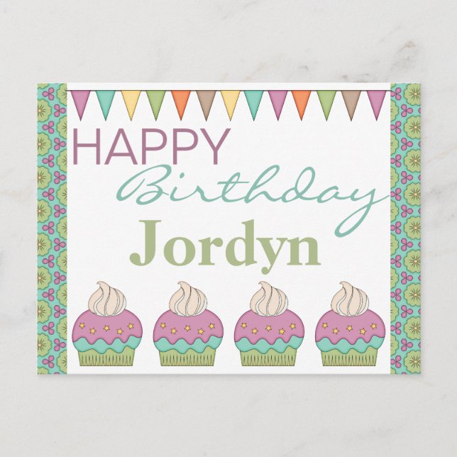 Cute Cupcake Purple Teal Birthday Party Celebrate Invitation Postcard (Front)