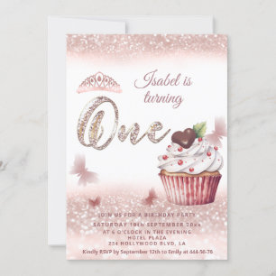 Cute Cupcake Rose gold glittery butterfly tiara Invitation