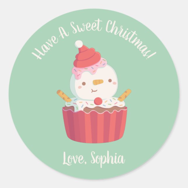 Cute Cupcake Snowman, Sweet Christmas Classic Round Sticker (Front)