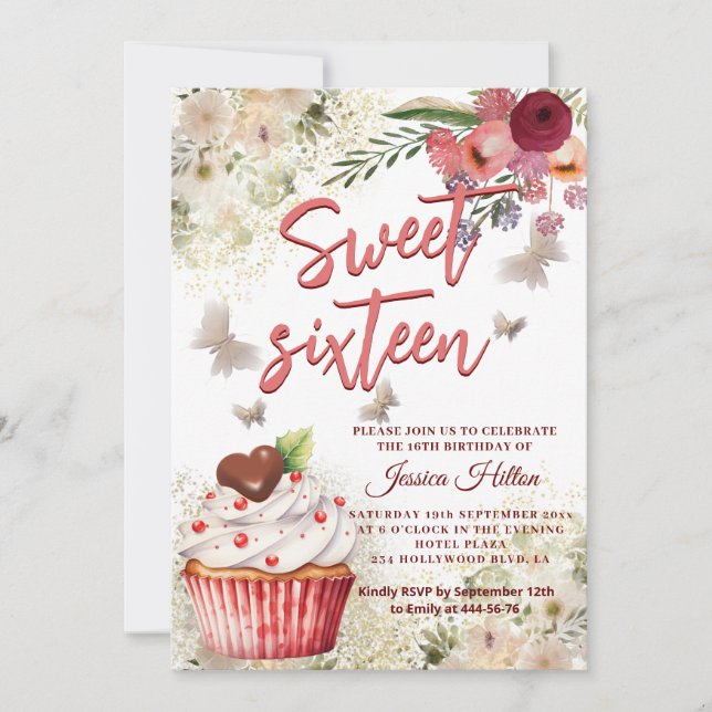 Cute cupcake Spring Butterfly boho floral sweet 16 Invitation (Front)