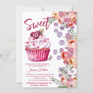 Cute cupcake Spring Butterfly floral  sweet 16 Invitation